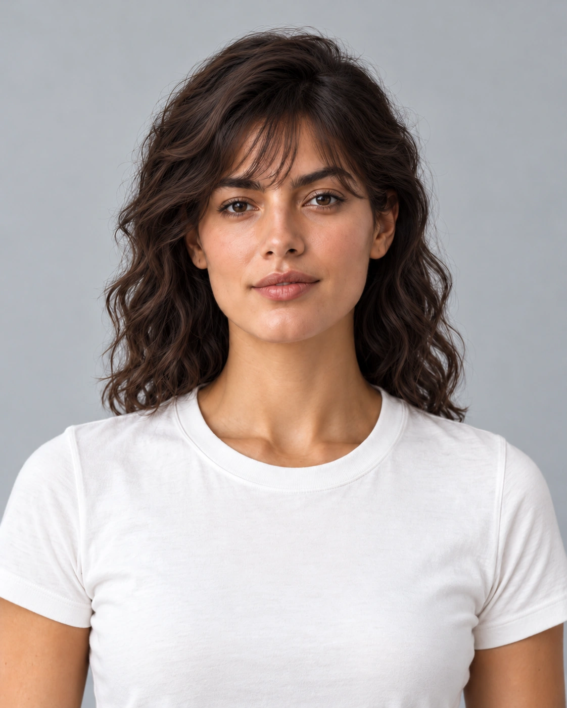 A light, separated fringe Hairstyle try on example: light separated bangs above the eyebrows