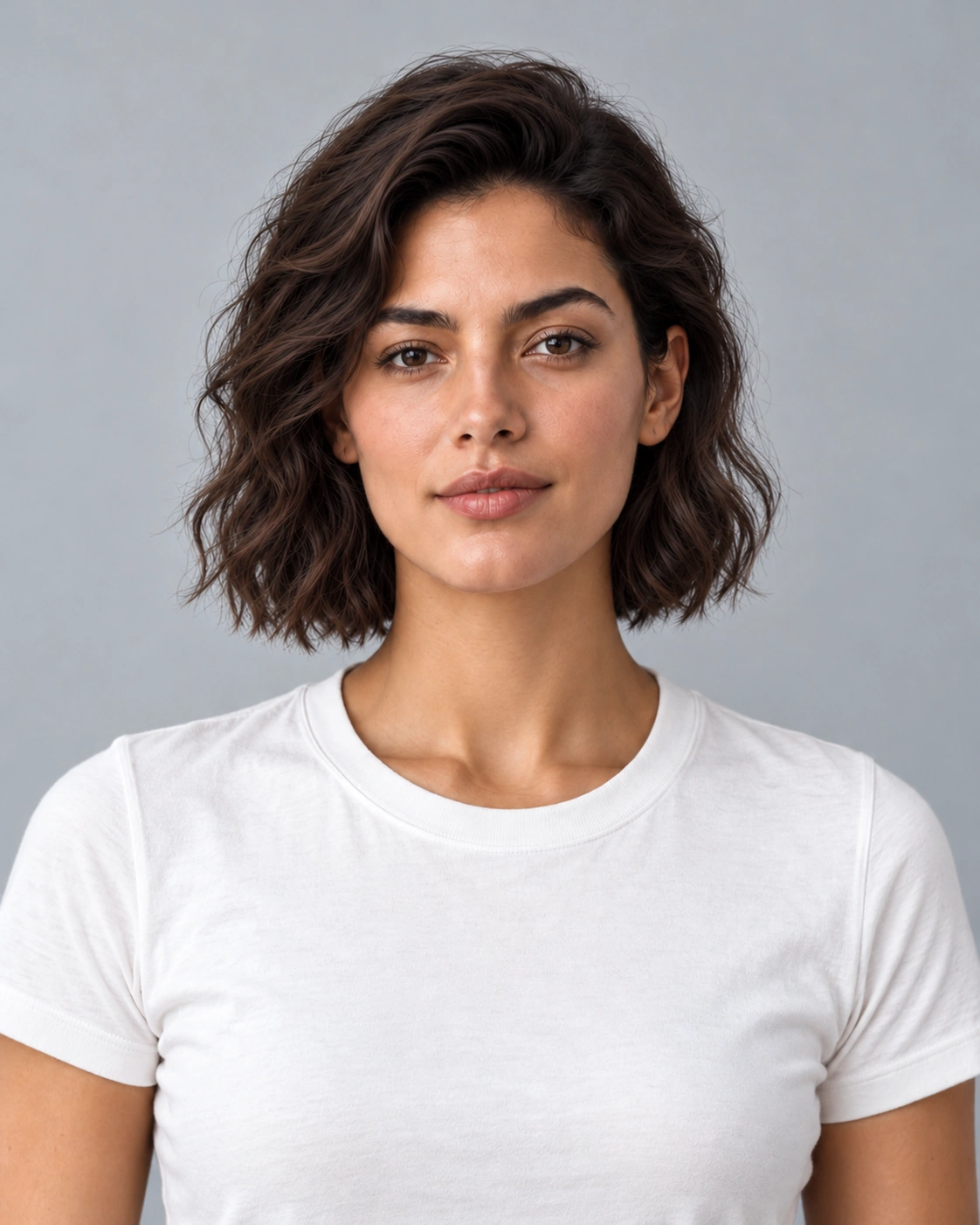 Hairstyle try on example: chin-length wavy bob on the original portrait Hairstyle try on example: chin-length wavy bob on the original portrait